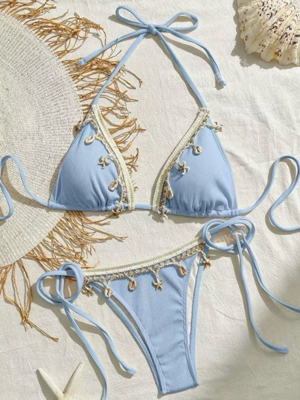 Light Blue Ribbed Crochet Trim Halter Shell Accents Side Tie Bikini Set
